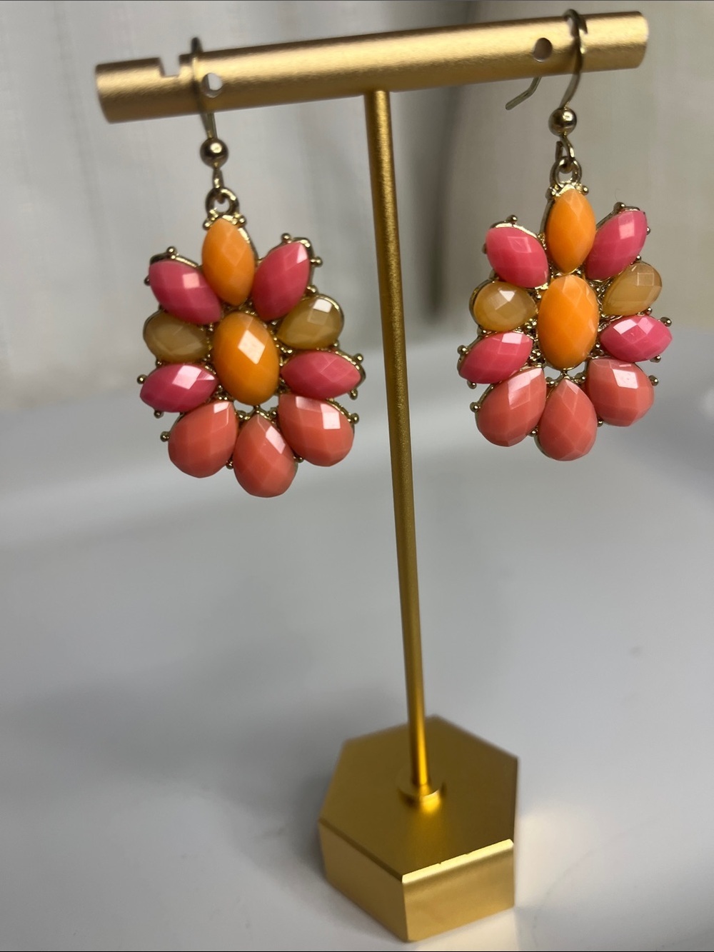 Gold-Tone Floral Drop Earrings in Pink & Orange